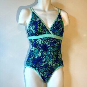 L.L.Bean SZ 10L Blue & Green Tropical Tummy Control UPF50+ Swimsuit Resort Beach